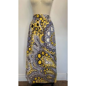Vtg 70's Psychedelic Maxi High Waist Skirt Yellow Gray White Lined Waist 27"'